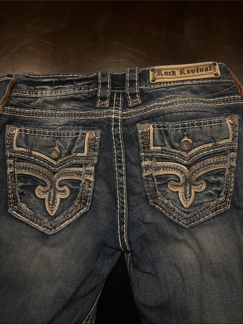 Rock Revival Distressed Dark Blue Embroidered Back Pocket Boot Cut Jeans